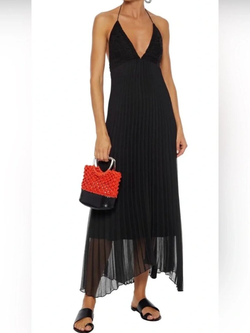 Alice + Olivia Lariette Crochet-Paneled Pleated Georgette Halter Neck Maxi Dress
